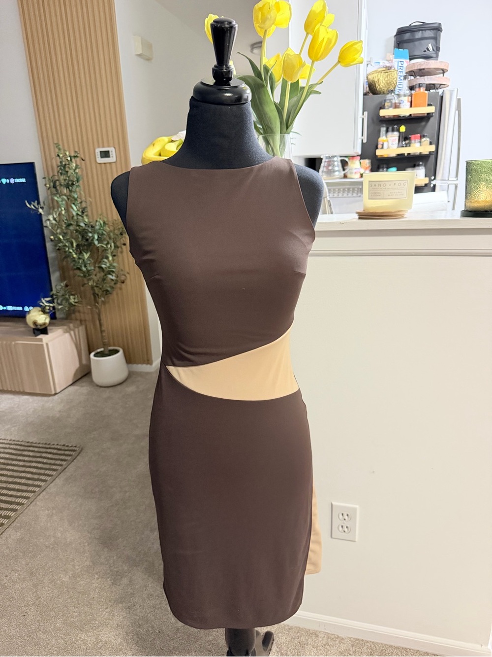 Express Brown Midi Dress with Cream Side Panel